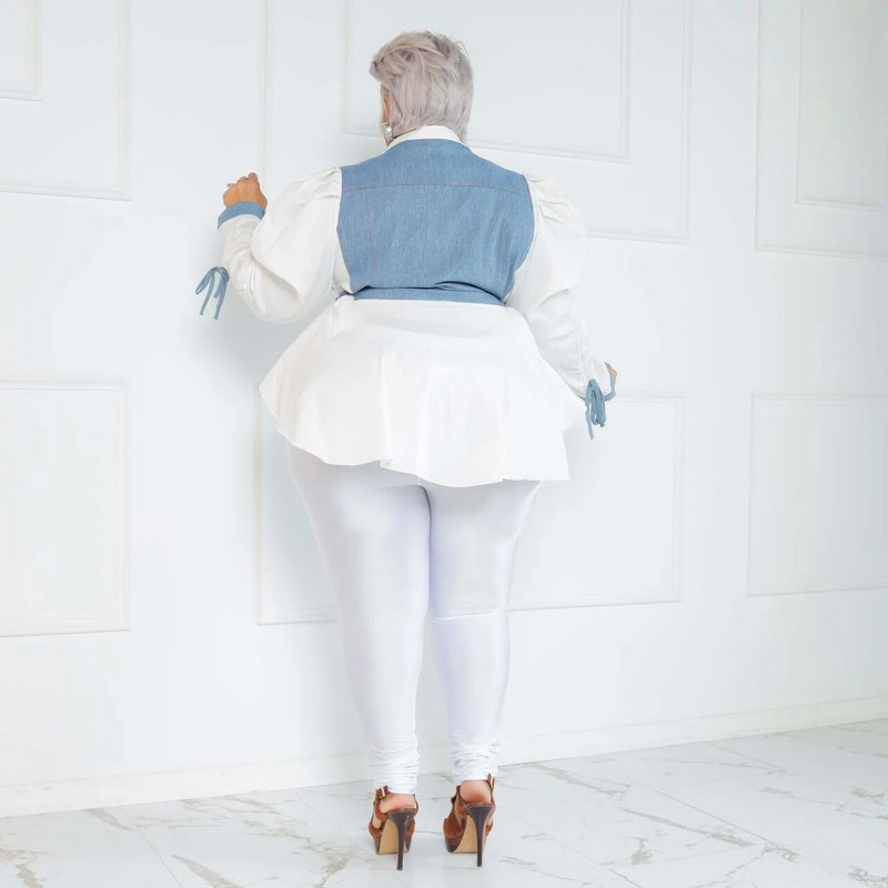 Nagy méretű farmer passzoló szett női Jean Patchwork Crop felső női téli ceruzanadrág női elegáns felszerelés, kétrészes nadrág szett