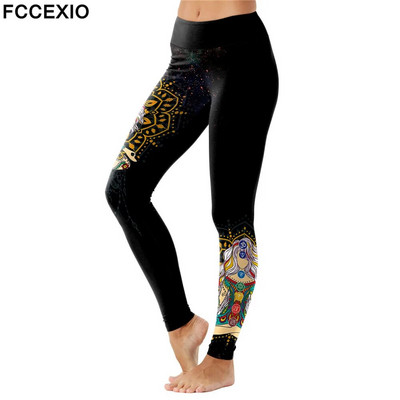 FCCEXIO 3 Style Mandala Yin And Yang Print Leggings Тренировъчни панталони с висока талия Дамски тънки леггинси с цветя Безшевни фитнес леггинси