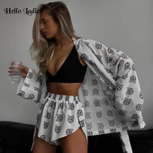 HL új rövidnadrág szett háziruha, laza nyomat 2 részes szettek 2023 szexi laza pizsama nőknek, fűzős, hosszú ujjú köntös rövidnadrág szett