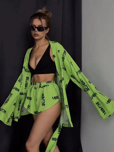 HL új rövidnadrág szett háziruha, laza nyomat 2 részes szettek 2023 szexi laza pizsama nőknek, fűzős, hosszú ujjú köntös rövidnadrág szett