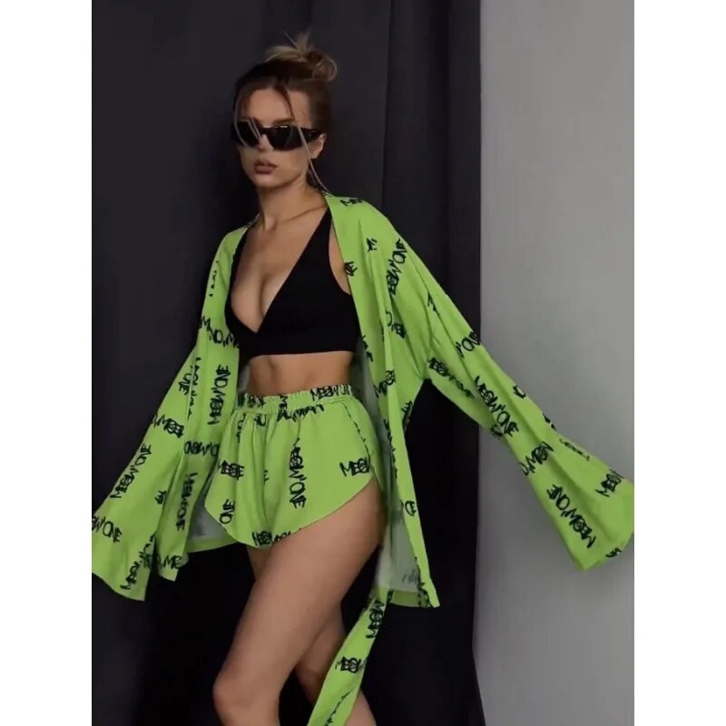 HL új rövidnadrág szett háziruha, laza nyomat 2 részes szettek 2023 szexi laza pizsama nőknek, fűzős, hosszú ujjú köntös rövidnadrág szett