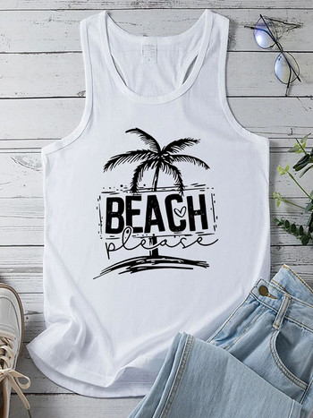 Seeyoushy Beach Παρακαλώ Εκτύπωσε Καλοκαιρινές διακοπές Γυναικείες μπλούζες αμάνικο μπλουζάκι με λαιμόκοψη Femme Casual 90 γυναικεία φανελάκια