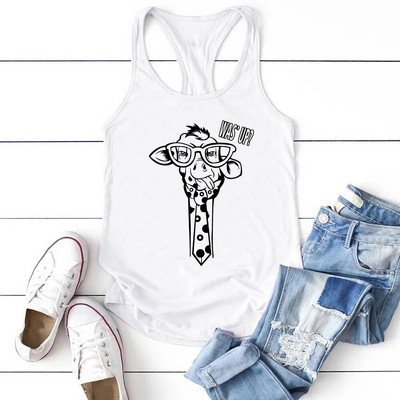 Seeyoushy 2023 Fashion Giraffe with Glasses Was` Up Print Tank Top Γυναικεία Αμάνικα αστεία φανελάκια ONECK Γραφικά μπλουζάκια για γυναίκες