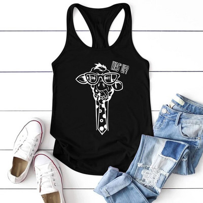 Seeyoushy 2023 modna žirafa s naočalama Was' Up Print majica bez rukava Ženske majice bez rukava Smiješne majice s ovratnikom Grafičke majice za žene