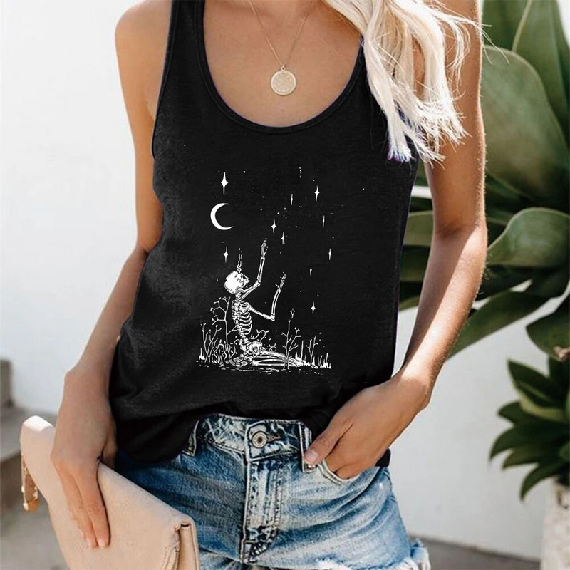 Seeyoushy Vintage Ženska majica bez rukava Smiješne ženske majice s otisnutim lubanjama kostura Ženska vesta kratkih rukava Ljetne sportske majice bez rukava Femme majice