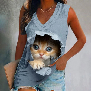 Καλοκαιρινή αστεία γάτα με τρισδιάστατη εκτύπωση μπλούζες σε ρεζερβουάρ γυναικεία μόδα Casual streetwear Υπερμεγέθη γιλέκο με λαιμόκοψη σε ανοιχτό ώμο Αμάνικο γυναικείο καμινέτο