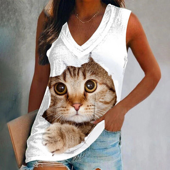 Καλοκαιρινή αστεία γάτα με τρισδιάστατη εκτύπωση μπλούζες σε ρεζερβουάρ γυναικεία μόδα Casual streetwear Υπερμεγέθη γιλέκο με λαιμόκοψη σε ανοιχτό ώμο Αμάνικο γυναικείο καμινέτο