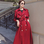 Proljeće jesen Ženska temperamentna crna vjetrovka od crvenog vina, duga preko koljena, trenč u engleskom stilu s dvostrukim kopčanjem