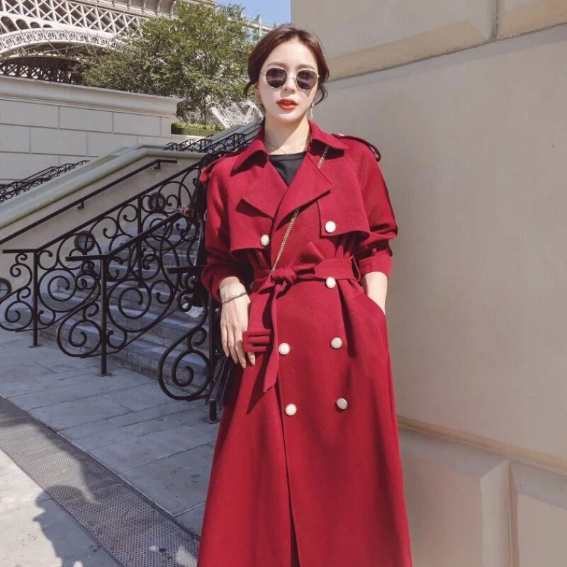 Proljeće jesen Ženska temperamentna crna vjetrovka od crvenog vina, duga preko koljena, trenč u engleskom stilu s dvostrukim kopčanjem