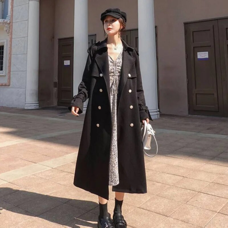 Proljeće jesen Ženska temperamentna crna vjetrovka od crvenog vina, duga preko koljena, trenč u engleskom stilu s dvostrukim kopčanjem