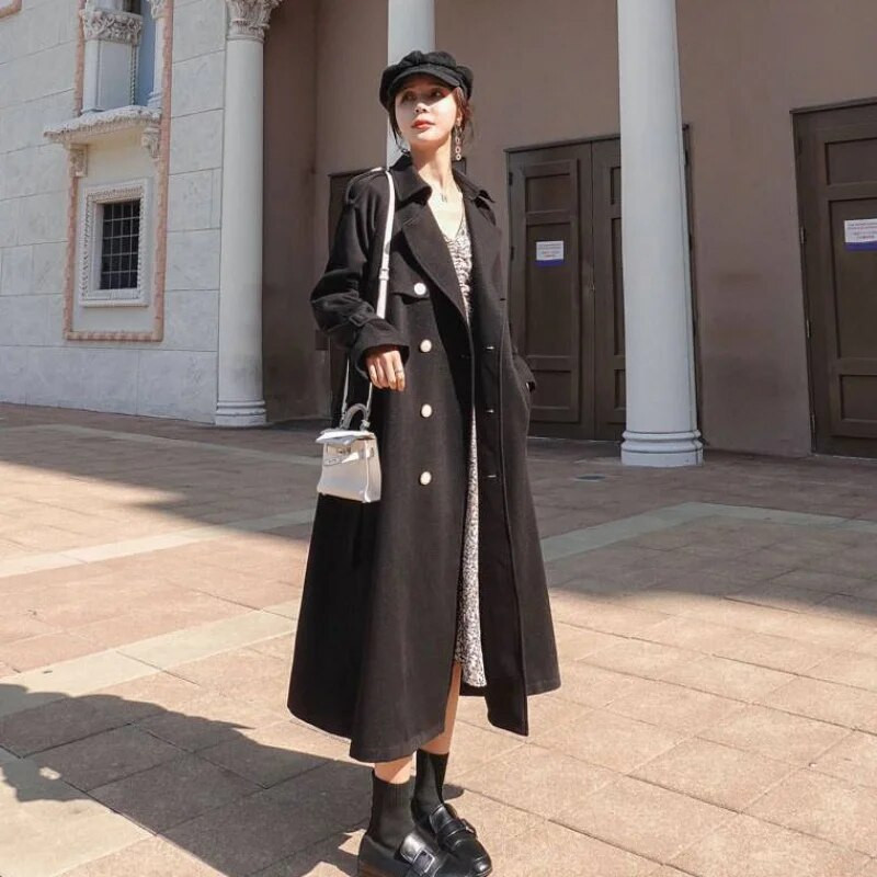 Proljeće jesen Ženska temperamentna crna vjetrovka od crvenog vina, duga preko koljena, trenč u engleskom stilu s dvostrukim kopčanjem