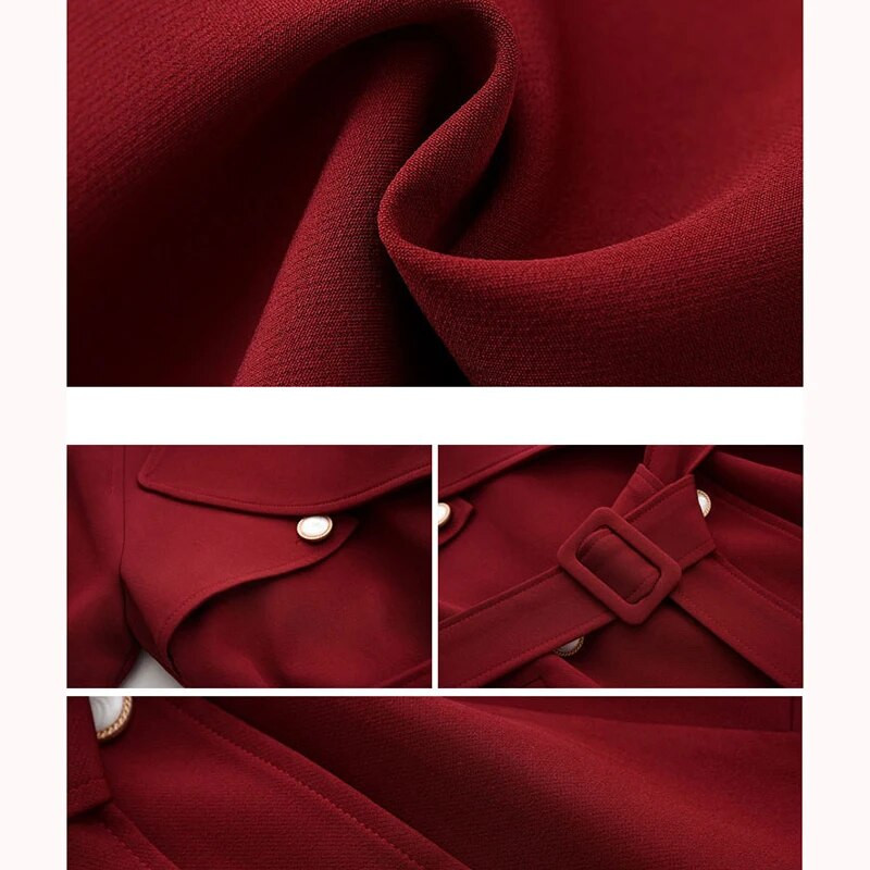 Proljeće jesen Ženska temperamentna crna vjetrovka od crvenog vina, duga preko koljena, trenč u engleskom stilu s dvostrukim kopčanjem