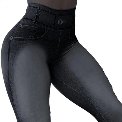 Buzunare cu talie înaltă Control pentru burtă Legginguri de fitness pentru ridicarea feselor Culoare degradată Imitație Push Up- Jeans Skinny Femei Pantaloni yoga