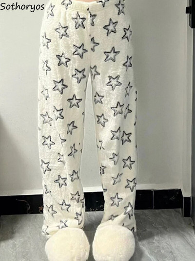 Пижамни панталони със сладки звездни щампи Дамски удебелени зимни спални долнища Топли колежански фланелени дневни панталони Мода за свободното време