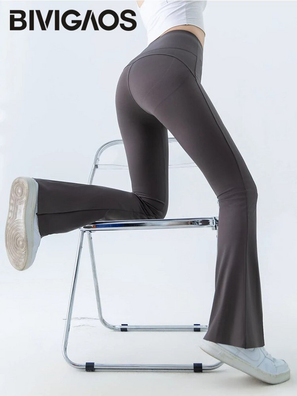 BIVIGAOS Micro Flared Shark Leggings Ženske elastične tanke uske hlače u obliku potkove visokog struka Push Up Fitness Sportske lepršave hlače