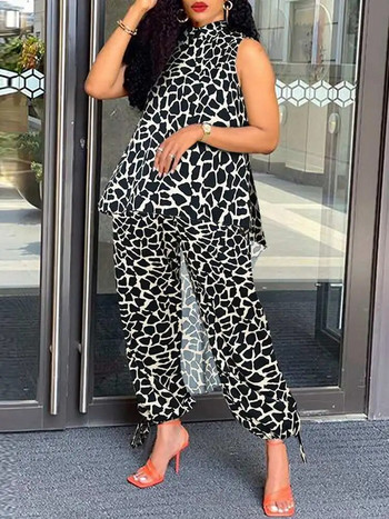 5XL VONDA Plus Size Γυναικεία Leopard Printed Παντελόνια Σετ Κοστούμια μόδας γιακά Αμάνικο Ασύμμετρο Μακρύ Top Casual γιλέκα 2 τμχ