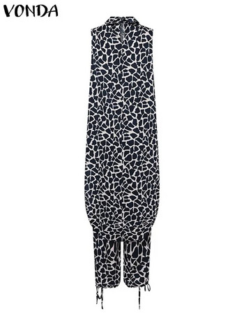 5XL VONDA Големи размери Дамски комплекти панталони с леопардови щампи Модни костюми Стояща яка Без ръкави Асиметрични дълги топ Ежедневни жилетки 2 бр.
