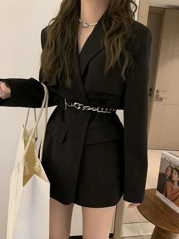 LANMREM Корейско модно блейзър палто за жени Едноредно палто с дълги ръкави с метален колан Дамско облекло 2024 Ново 2YA1106