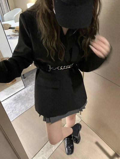 LANMREM korejski modni blejzer kaput za žene s jednorednim kopčanjem s metalnim remenom i dugim rukavima Ženska odjeća Novo 2024. 2YA1106