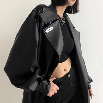 Φθινοπωρινά χειμερινά μακρυμάνικα γυναικεία παλτό PU καμπαρντίνα Vintage μαύρο μακρύ παλτό Γυναικείο αντιανεμικό πανωφόρι δερμάτινο μπουφάν