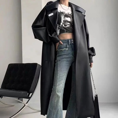 Jesen Zima dugih rukava Ženske PU balonere Vintage crni dugi kaput Ženska vjetrovka Gornja odjeća Kožne jakne na preklop