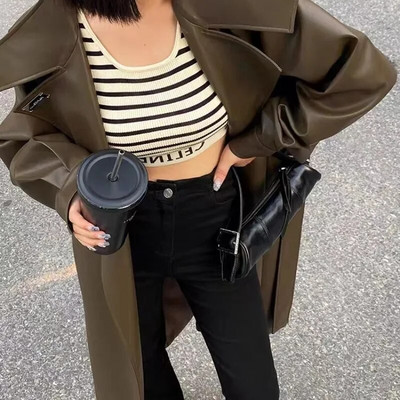 Jesen Zima dugih rukava Ženske PU balonere Vintage crni dugi kaput Ženska vjetrovka Gornja odjeća Kožne jakne na preklop