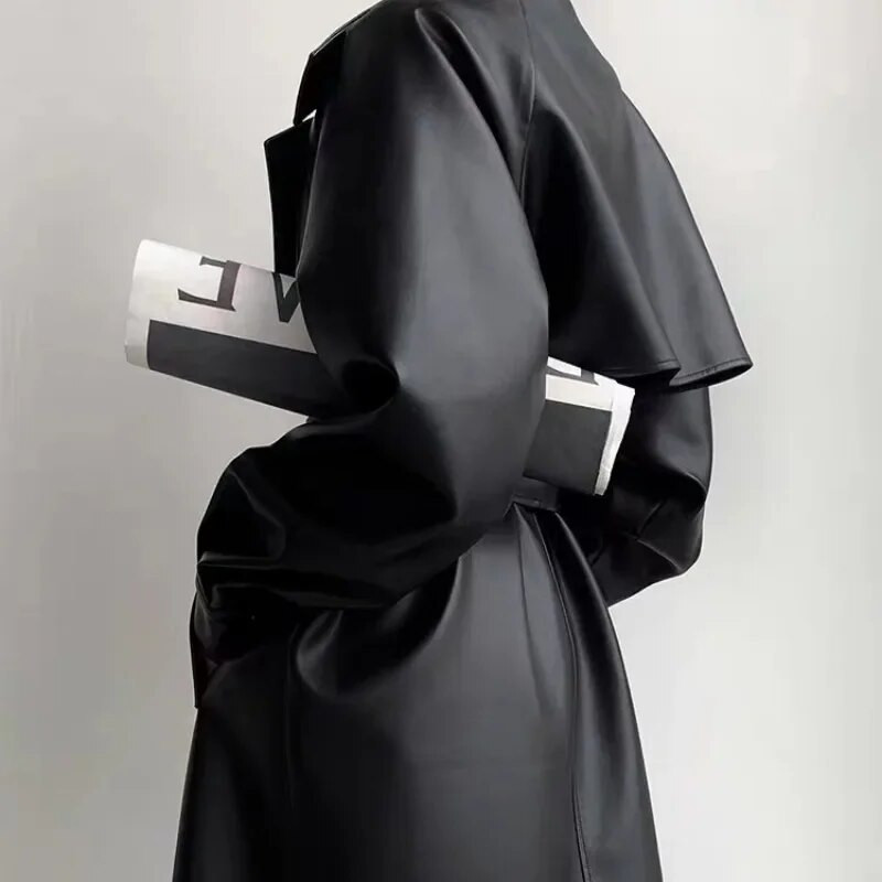 Jesen Zima dugih rukava Ženske PU balonere Vintage crni dugi kaput Ženska vjetrovka Gornja odjeća Kožne jakne na preklop