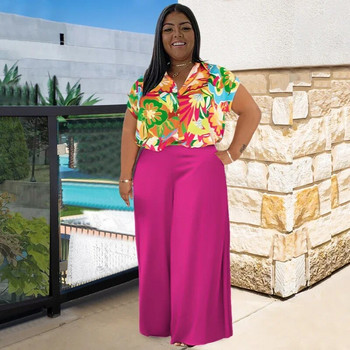 Γυναικείο σετ WUHE Plus Size Floral κοντομάνικο πουκάμισο και φαρδύ παντελόνι 2024 Fashion Summer Two 2 Piece Set Outfits