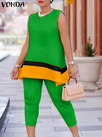 Didelio dydžio 5XL VONDA vasariniai berankoviai viršutiniai moteriški kelnaičių rinkiniai 2024 m. laisvalaikio derinimo rinkiniai Laisvi 2 vnt. spalvoti elegantiški rinkiniai