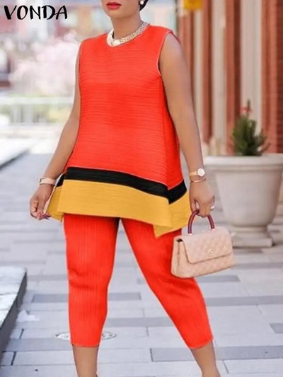 Didelio dydžio 5XL VONDA vasariniai berankoviai viršutiniai moteriški kelnaičių rinkiniai 2024 m. laisvalaikio derinimo rinkiniai Laisvi 2 vnt. spalvoti elegantiški rinkiniai