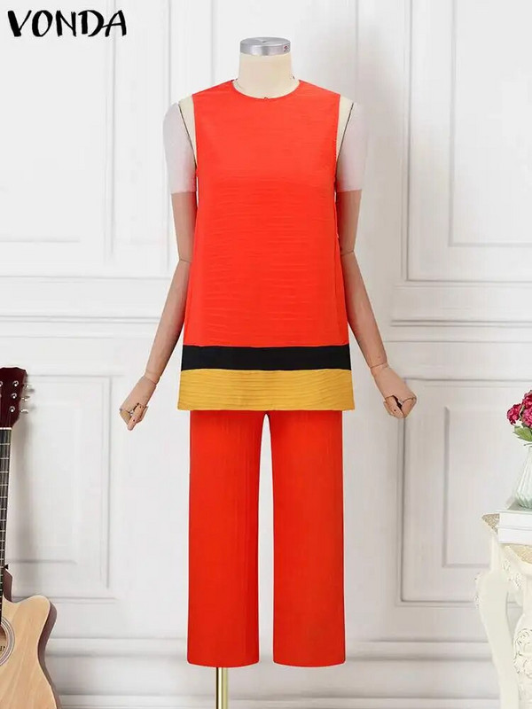 Didelio dydžio 5XL VONDA vasariniai berankoviai viršutiniai moteriški kelnaičių rinkiniai 2024 m. laisvalaikio derinimo rinkiniai Laisvi 2 vnt. spalvoti elegantiški rinkiniai