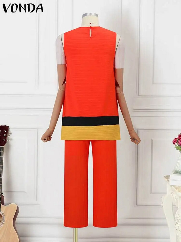 Didelio dydžio 5XL VONDA vasariniai berankoviai viršutiniai moteriški kelnaičių rinkiniai 2024 m. laisvalaikio derinimo rinkiniai Laisvi 2 vnt. spalvoti elegantiški rinkiniai