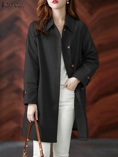 ZANZEA Fashion OL Windbreaker cu mânecă lungă cu rever, haine pentru gât, jachete vintage de culoare uni pentru femei, trenci de stradă ocazional