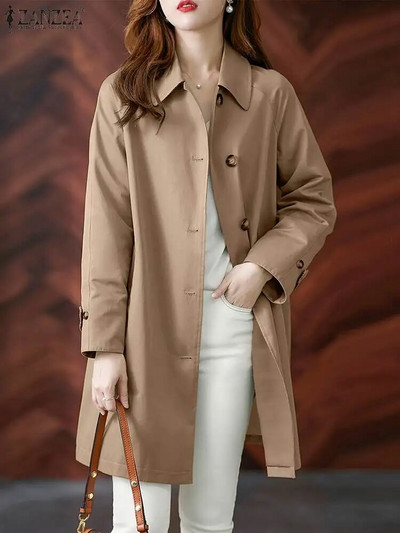 ZANZEA Fashion OL Windbreaker cu mânecă lungă cu rever, haine pentru gât, jachete vintage de culoare uni pentru femei, trenci de stradă ocazional