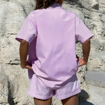 Lounge облекло Дамско домашно облекло Райе Риза с дълъг ръкав Свободни мини шорти с висока талия Комплект от две части Пижама Анцуг