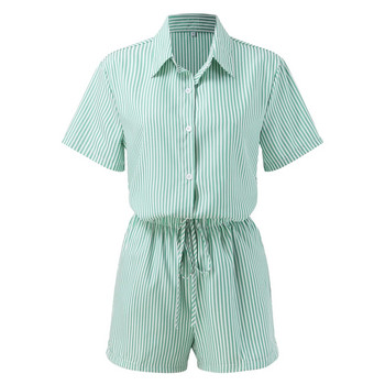 Lounge Wear Γυναικεία ρούχα για το σπίτι Ρίγες πουκάμισο μακρυμάνικο μπλουζάκια Μίνι σορτς δύο τεμαχίων σετ πιτζάμες