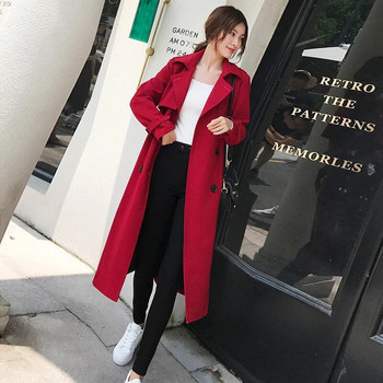 Φθινοπωρινή Κορεάτικη γυναικεία κόκκινη καμπαρντίνα με φέτες Κομψό, μακρυμάνικο πέτο με διπλό στήθος, μεσαίο αντιανεμικό γυναικείο 2023 Νέο