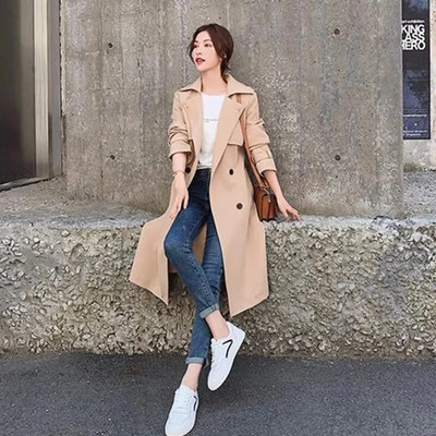 Jesenski korejski ženski crveni trenč kaput s pojasom Elegantna dvostruka ženska vjetrovka na rever s dvostrukim kopčanjem srednje dužine, ženska 2023. Novo