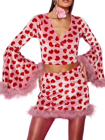 Γυναικεία τοπ φούστα Fleece Διακοσμητικό Σετ ροζ μόδας casual κοστούμι με μακρυμάνικο στάμπα καρδιάς Cropped top + Wrap φούστα High Street Σετ