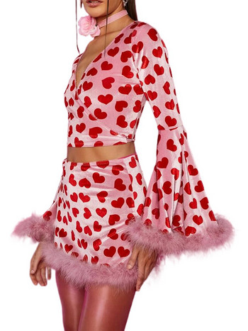 Дамска горна пола с поларени гарнитури, розов моден ежедневен костюм с дълъг ръкав, изрязана горна част със сърце и пола с обвивка