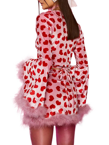 Дамска горна пола с поларени гарнитури, розов моден ежедневен костюм с дълъг ръкав, изрязана горна част със сърце и пола с обвивка