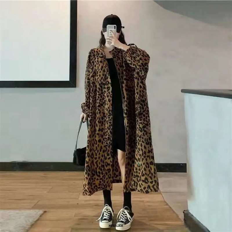 Plus Size 6XL 150kg Ανοιξιάτικη γυναικεία καμπαρντίνα Leopard Casual Γυναικείο Μακρύ Εξωτερικό Φαρδύ Πανωφόρι Femme Μεγάλα Ρούχα