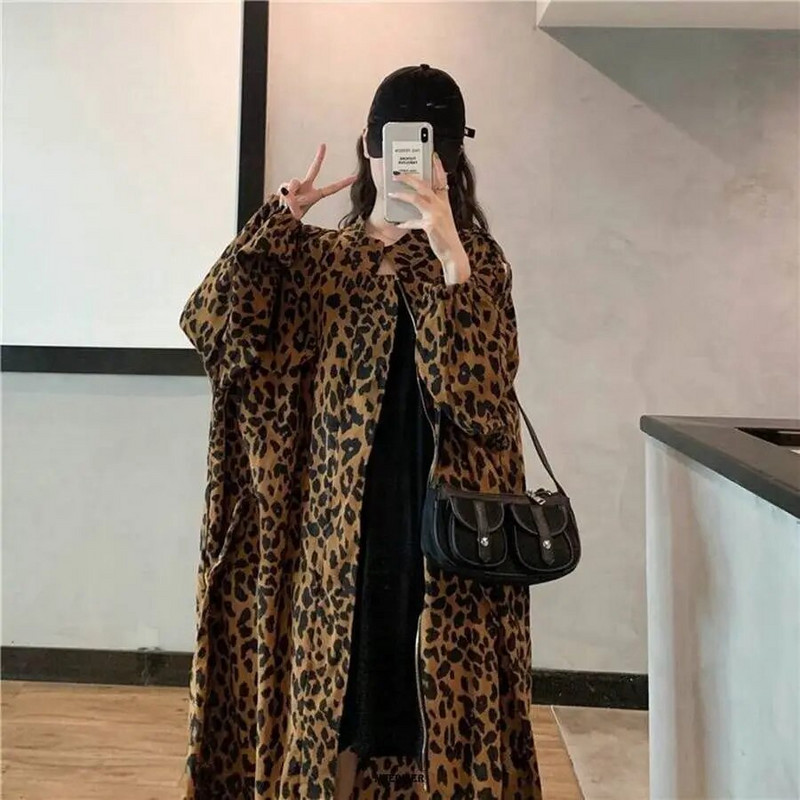 Plus Size 6XL 150kg Ανοιξιάτικη γυναικεία καμπαρντίνα Leopard Casual Γυναικείο Μακρύ Εξωτερικό Φαρδύ Πανωφόρι Femme Μεγάλα Ρούχα