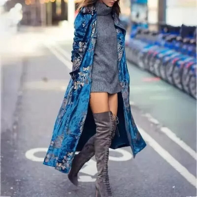 Jachetă de vânt lungă din catifea cu imprimeu vintage, cu guler răsturnat, iarnă 2023, haină pentru femei, noua modă de toamnă, haine hipster, 3XL