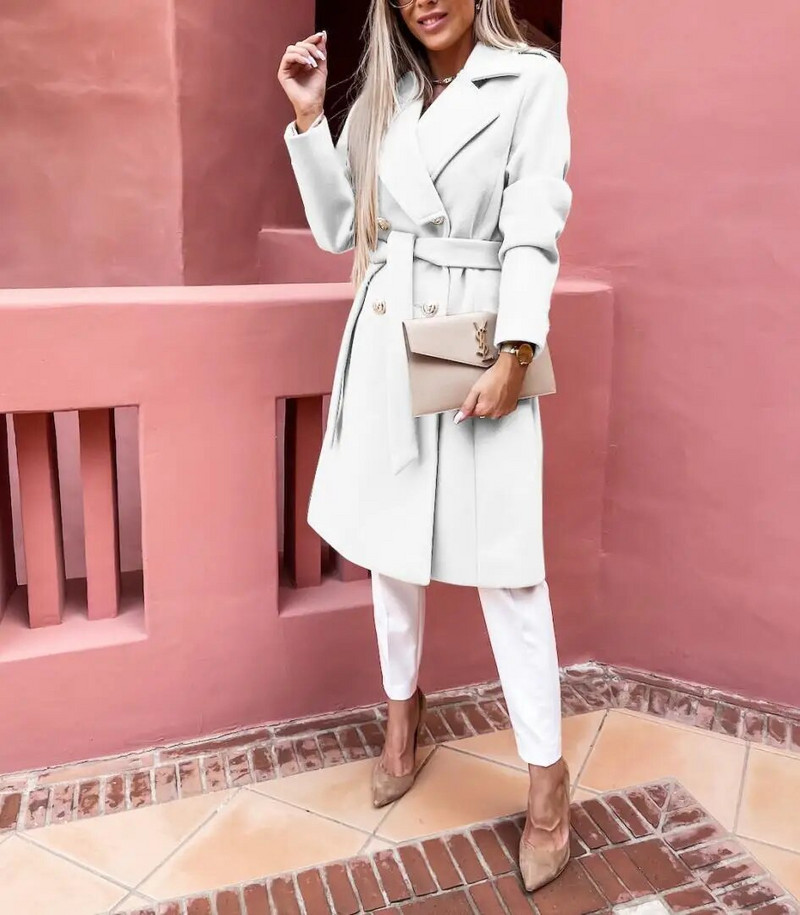 Trench alb de epocă cu două piepte, pentru femei, șanțuri lungi, subțire, femei, iarnă, birou, rochie solidă.