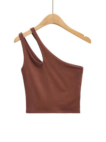 2024 Σέξι γυναικείο μπλουζάκι με μασίφ ελαστικό πλεκτό αμάνικο με έναν ώμο με κούφιο βασικό μπλουζάκι χωρίς πλάτη