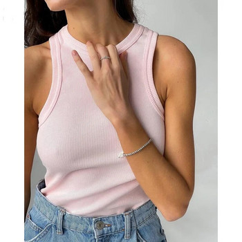 Едноцветен основен оребрен плетен потник Дамски летни ретро секси ками без ръкави Момичета Streetwear Меки тениски Потник Дамски