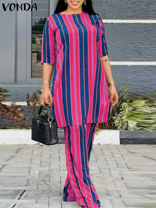 VONDA Elegantni ženski kompleti hlača veće veličine 2024. Ljeto, vintage polurukavi, ležerni, široki, prugasti, kompleti odgovarajućih hlača i 2 kom.