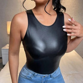 Crop top din piele neagră Y2K sexy pentru femei, maiuri subțiri, vestă de vară 2023 pentru femei, haine de club pentru petreceri, tancuri, îmbrăcăminte pentru femei