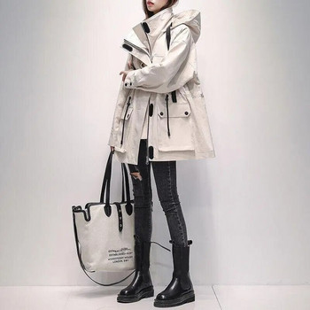 Γυναικείο μπουφάν Trench με κουκούλα για εξωτερικούς χώρους, αδιάβροχο αντιανεμικό κορδόνι μέσης συν μέγεθος Άνοιξη φθινόπωρο casual χαλαρά streetwear